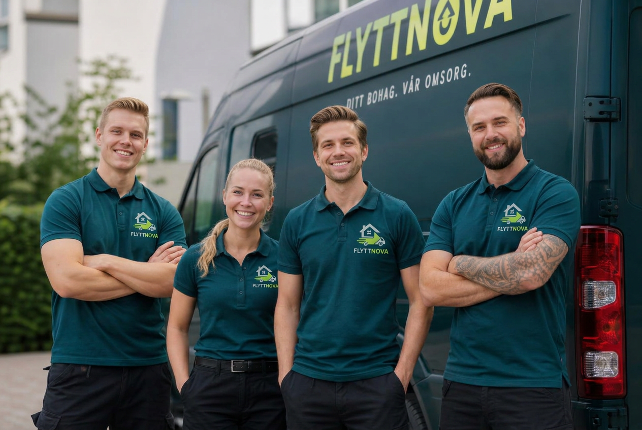 Flyttnovas flyttpersonal i teamkläder framför flyttbilen